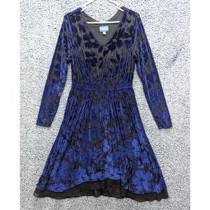 Simply Vera Wang Burnout Velvet Midi Dress Size M Long Sleeve V Neck Dark Blue